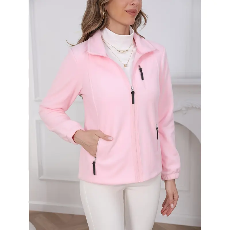 1 pink reverse zipper fleece jacket with zipper pockets, fashionable and simple, versatile, outdoor leisure sports, daily commuting, autumn and winter women's jacket