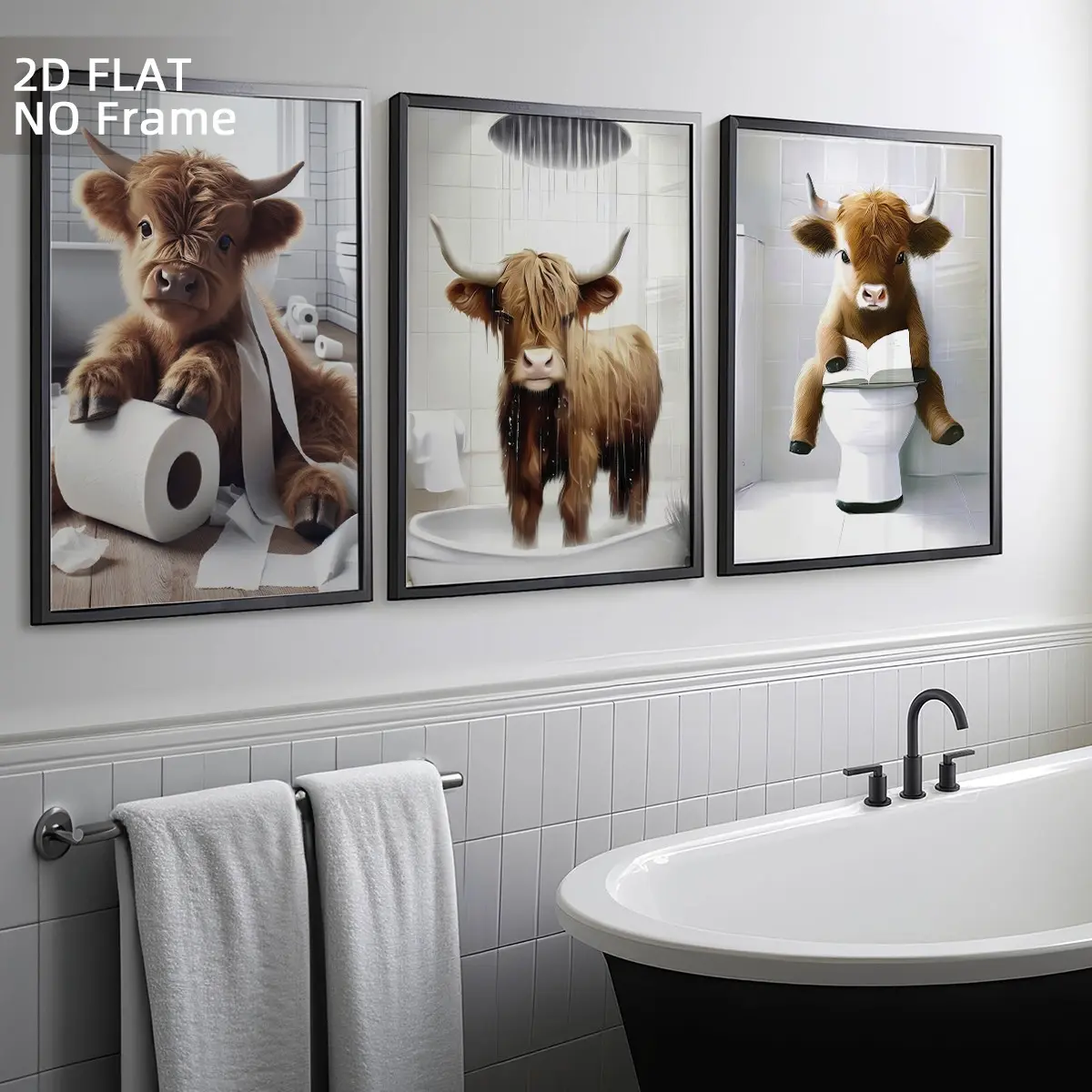 3 Pcs Unframed Highland Cow Bathroom Wall Art, Decorative Wall Art, Decorative Artwork, Farmhouse Animal Decor, Scottish Cow Posters, Prints for Restroom, Cow Canvas Painting Gift, Decoration