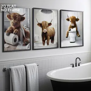 3 Pcs Unframed Funny Highland Cow Bathroom Wall Art, Quirky Farmhouse Artistic Animal Decor, Rustic Scottish Cow Posters, Whimsical Humor Prints for Restroom, Modern Country Home Wall Pictures, Cute Cow Canvas Painting Gift, Decoration