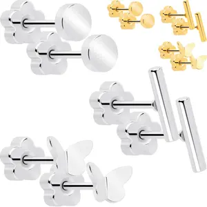 20 Gauge Bar Disc Butterfly Reversible Flower Flat Back Earring Set of 6