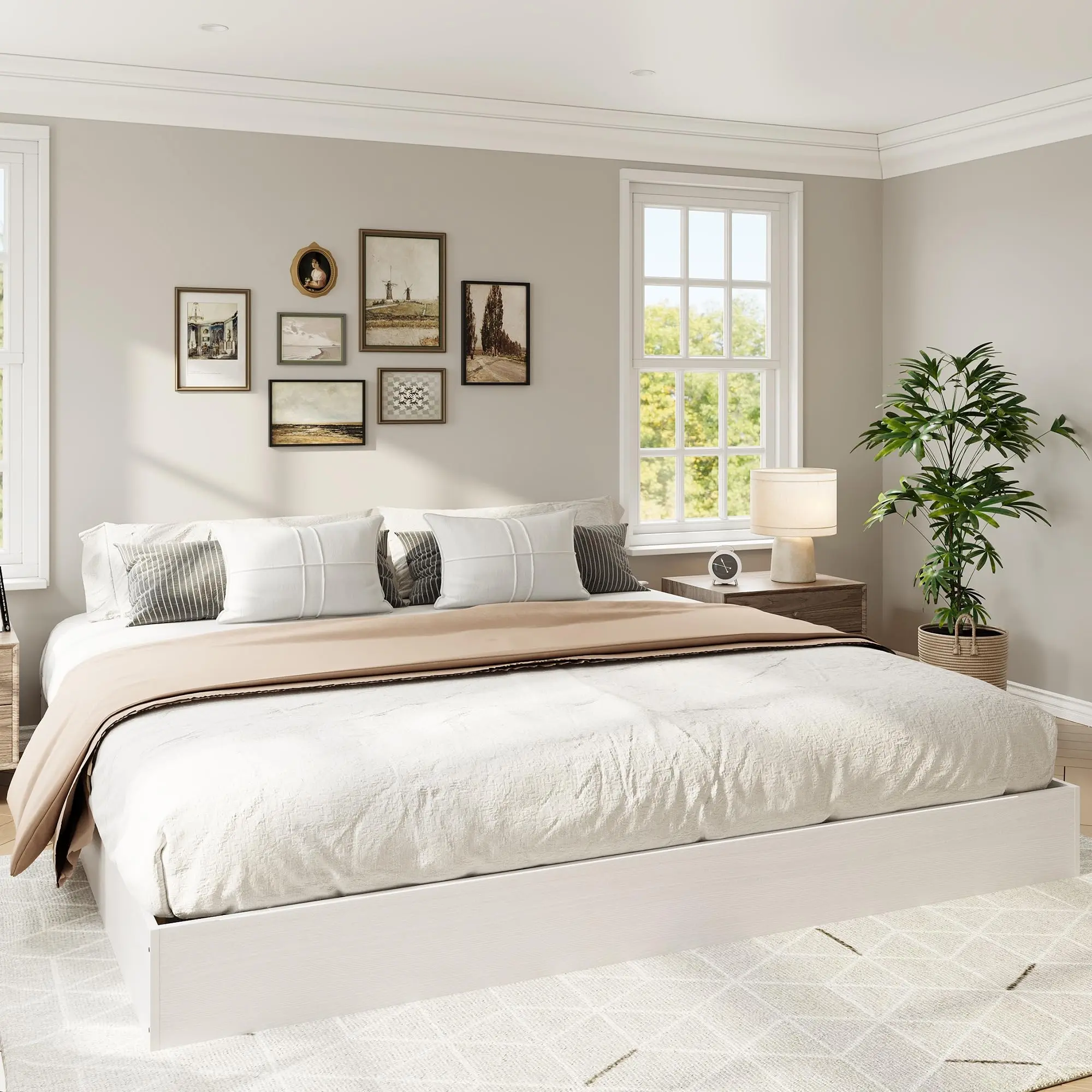 Garvee California King Size Solid Wood Platform Bed with Sturdy Wooden Slats, Modern Minimalist Floor-Standing Frame, No Box Spring Needed, Space-Saving Design, Easy Assembly, White Finish