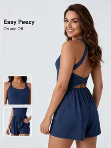 Backless Twisted 2-in-1 Resort Plus Size Romper with Pockets-Easy Edition, Flare Dance Active Dress, Summer Outfits, sport short skirt pant, for dance and casual activities.Built-in shorts with open back waistband for easy peezy bathroom breaks