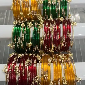 Vibrant Indian-Style 12pcs Perl Drop Bangles & 4pcs Kashmiri Ghungroo Colorful Translucent Studded Design for Festive Wear