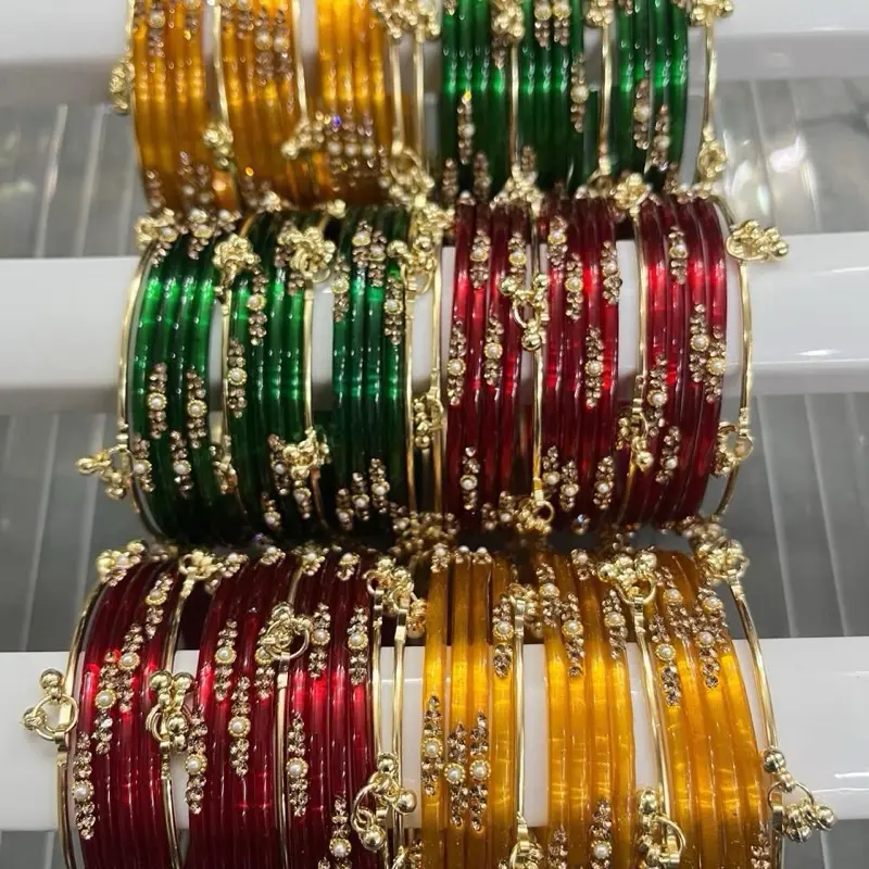 Kashmiri Ghungroo Bangle Set 4pcs Ghungroo & 12pcs Perl Drop Vibrant Translucent Glass Studded Design for Festive Wear Indian Style