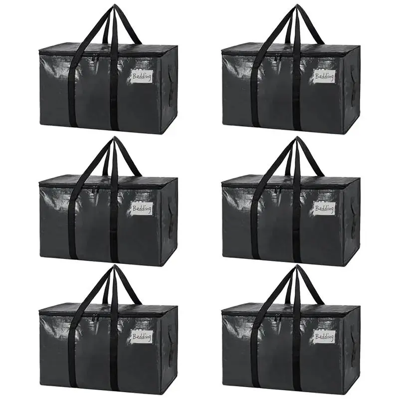 Large Heavy Duty 6 Pack Black Tote Bags with Visible Labels and Wrap Around Handles Travel Organizer for Bedding Storage Durable Space Saving Home Supply Moving Box Alternative