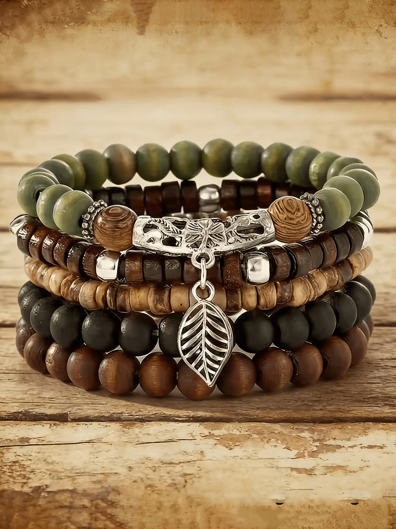 5 Piece Vintage Wood Bead Coconut Shell Layered Bracelet Set, Bohemian Handmade Beaded Jewelry, Stackable Accessories for All Seasons, Stackable Bracelets