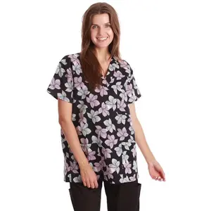 Women’s V Neck Scrub Top Black Windblown Floral – Elegant Medical Uniform & Nurse Workwear