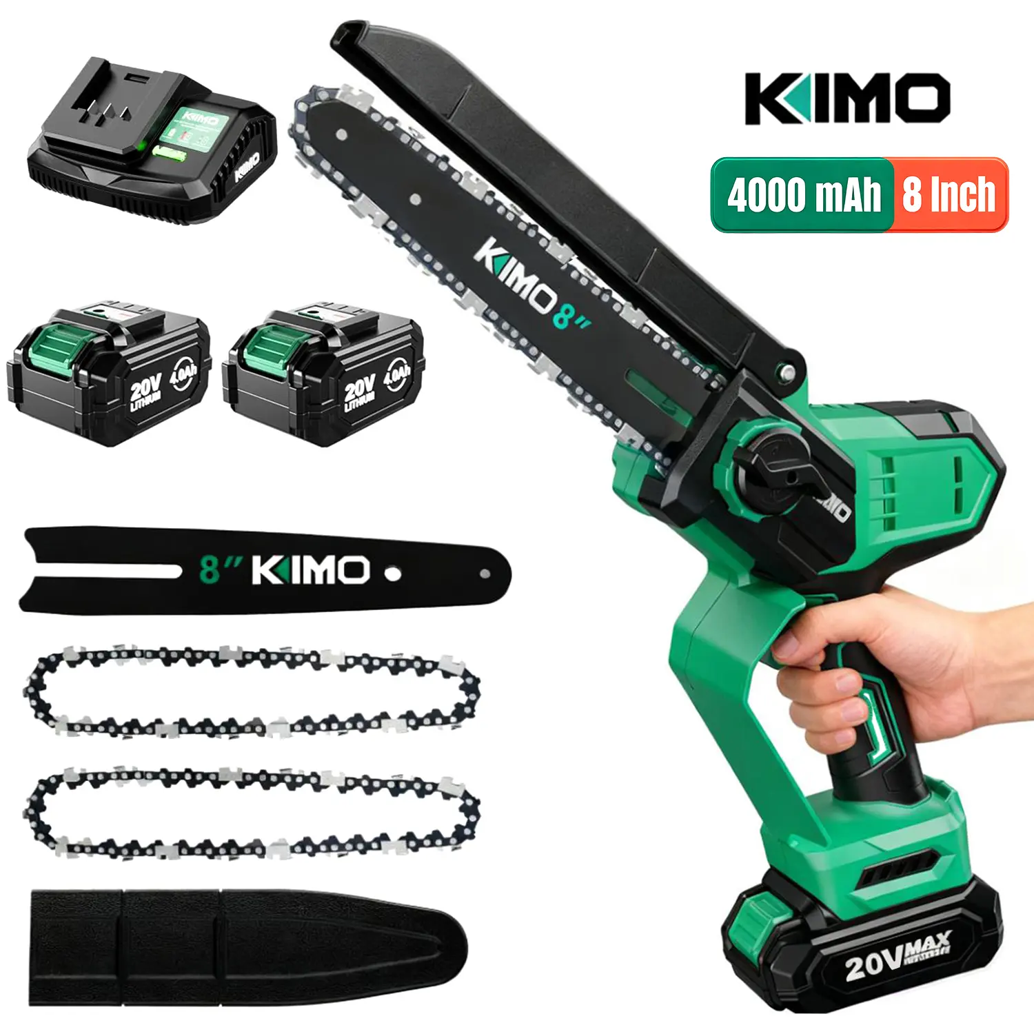 KIMO 8-Inch Brushless Motor Cordless Mini Electric Chainsaw with 4.0Ah Batteries, Fast Charger, 34 FT/S Cut Speed, Auto Oiler, Handheld Powerful Tool for Tree Trimming & Pruning