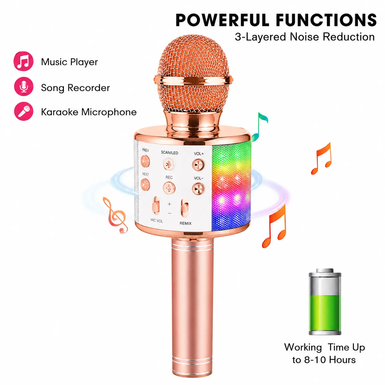 LED Wireless Bluetooth Handheld Karaoke Microphone with Colorful LED Light Effects, Built-in Speaker, Rechargeable Battery, Music Player for Party, Family Gatherings, Karaoke Nights