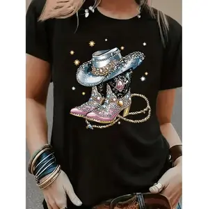 Western Cowboy Graphic T Shirt Sparkling Black Short Sleeve Tee With Stylish Cowboy Hat Boots Design Comfortable crew Neck Top For Adults Casual Wear