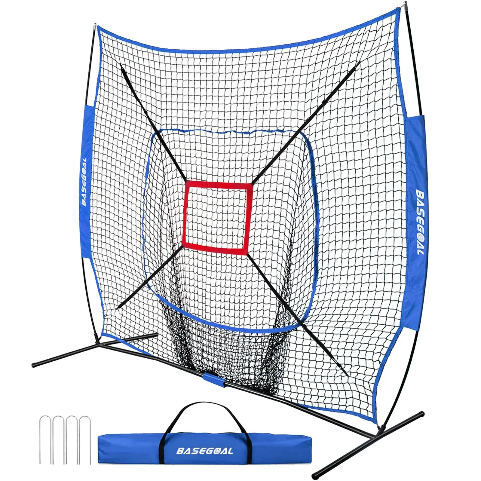 BaseGoal 7x7 ft Baseball & Softball Batting/Pitching Practice Net, Quick-Setup Bow Frame, Sturdy Polyester-Iron Construction, Iron Base, Strike Zone, Carry Bag, Sturdy Support