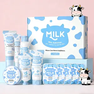 Moisturizing Milk Skincare Set, 16pcs/set, Including Facial Cleanser, Toner, Essence, Eye Cream, Face Cream, Sun Cream, Scrub, Mask, Hair Band, Makeup Bag and Duck Accessory
