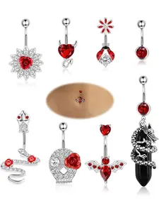 8 Pcs Belly Button Ring Dangle 14G Surgical Stainless Steel Belly Ring for Women Hypollergenic Cute Love Pink CZ Heart Butterfly Navel Belly Piercing Jewelry
