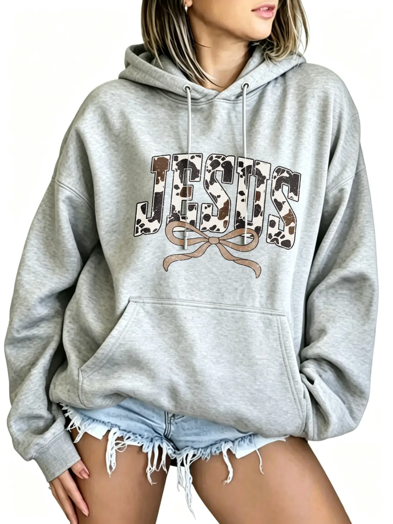 Jesus Cow Print Bow Hoodie Women Double Sided Graphic Sweatshirt Western Leopard Bow Hoodies Front and Back Print Faith Regular Fit Long Sleeve Casual Pullover Tops Aesthetic Coquette Clothes Fall Streetwear True to Size