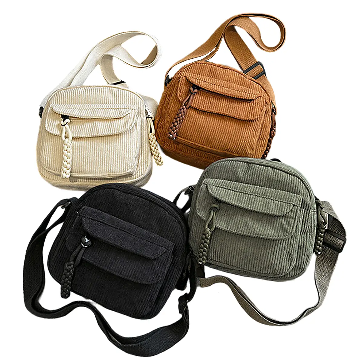 Women's Corduroy Shoulder Bag with Zipper, Crossbody Bag for Daily with Adjustable Strap