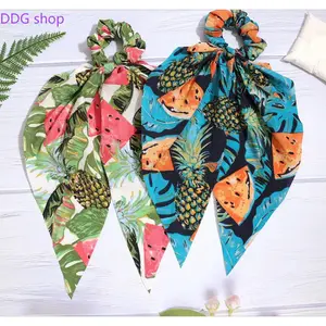 Stylish Fabric Hair Tie: Tropical Fruit Print Triangle Scarf Scrunchie with Elastic Band and Streamers — Versatile Hair Accessory
