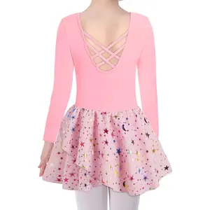 F-CPA22  Ballet Leotards for Girls Dance Skirted Leotard Kids Ballet Tutu Dress Toddler Shiny Ruffle Sleeve Dancewear