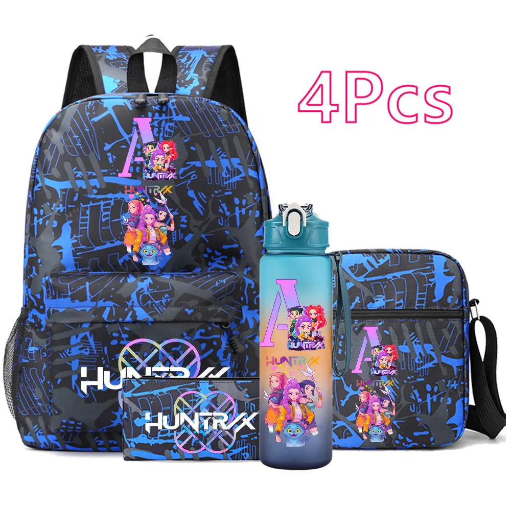 HUNTRIX Kpop Demon Initial Letter [A-Z] Custom School Backpack Set, 4-Piece Bundle with Bookbag, Lunch Bag, Pencil Case & Water Bottle, Blue Cyber Aesthetic Student Book Bag