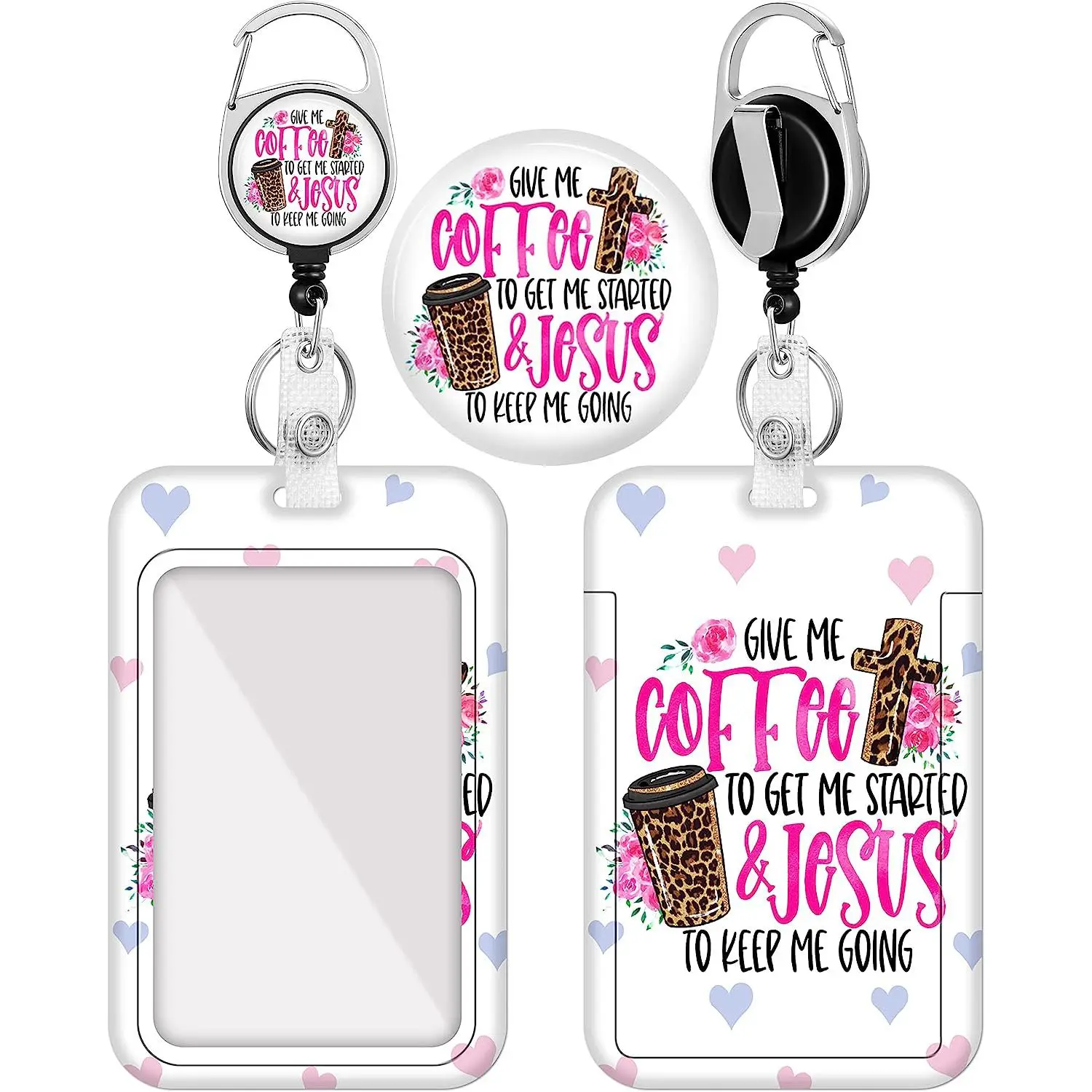 Retractable Badge Reel Belt Holder, 1 Count Coffee & Letter Pattern ID Badge Clip, ID Badge Holder for Women's Vertical ID Sleeve Men, Custom Lanyard