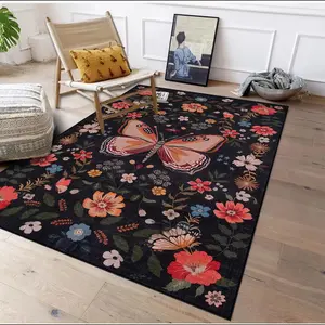 Butterfly & Floral Pattern Carpet, 1 Count Non-slip Soft Floor Mat, Decorative Area Rug for Home Living Room Bedroom Study Room