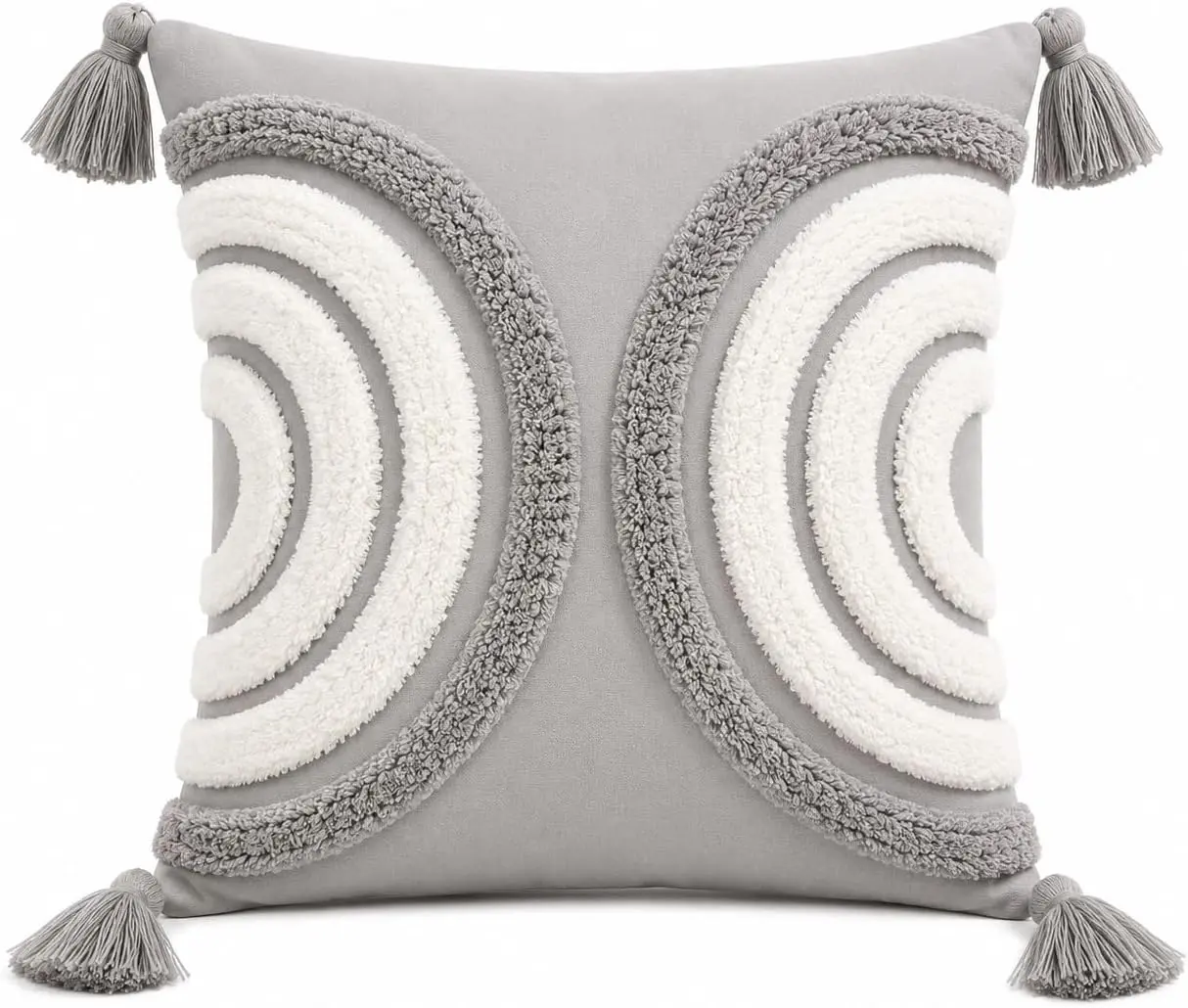Grey Embroidered Throw Pillow with Insert Included, 18x18 Decorative Pillow, Soft Polyester Fabric, Textured Tufted Embroidery, Corner Tassels, Modern Farmhouse Coastal Boho Accent Pillow