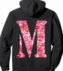 Lipstick Kisses For Boyfriend Girlfriend Letter M Hoodie Sweatshirt, Romantic Love Quote Apparel, Cute Valentine Couple Casual Wear, Womenswear Menswear Comfortable Top Gift For Her Gift For Him Unisex Graphic