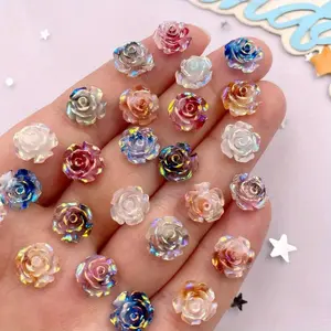 50PCS Mixed 10mm AB Resin Glitter Colorful Rose Flat back Flower Rhinestone Gemstones Scrapbook Wedding Applique DIY Art Accessories Decor Crafts Floral Appliques Flat Back Rhinestones Rhinestone Sparkle Flowers Rhinestones Design