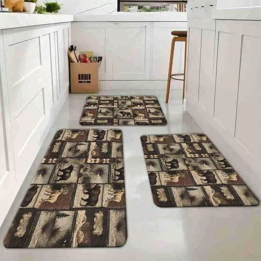 1pc Rectangle Polyester Floor Mat - Rustic Wildlife Print Area Rug with Bison & Moose Vintage Nature Pattern, Soft, Comfortable, Machine Washable, Non-Slip, Easy to Clean, Suitable for Hallway, Bathroom, Black Friday Decor (Do Not Dry Clean)