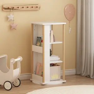 360 °   Rotating Bookshelf with Chalkboard, 3-Tier Wood Floor Revolving Bookcase & Toy Storage Organizer, Picture Book Display Stand for Toddlers, Nursery & Playroom, White and Natural