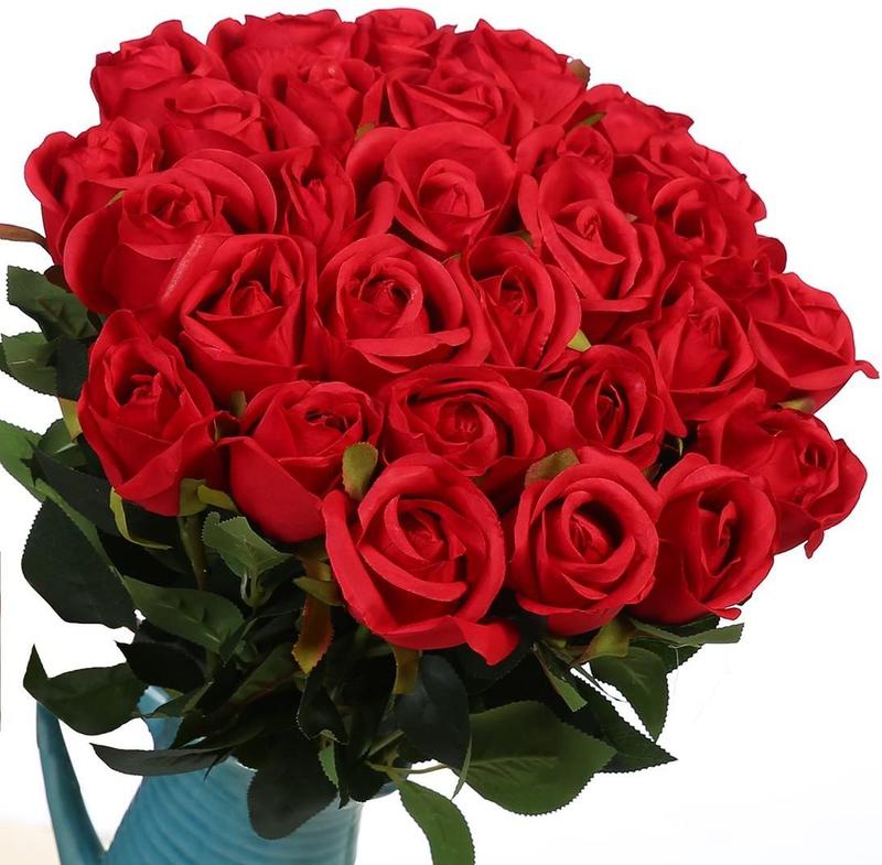 20Pcs Red Silk Roses Artificial Flowers Realistic Bouquet Home Decor valentine   Plants