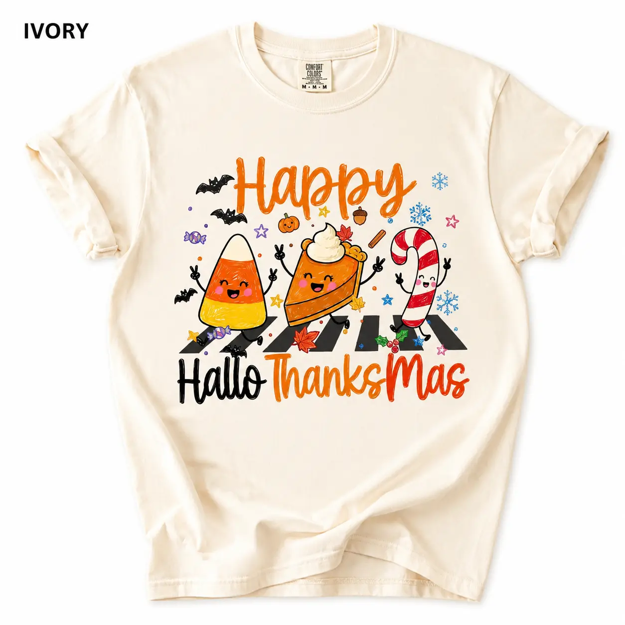 Comfort Colors Hallothanksmas Shirt, Cute Holiday Doodle Graphic Tee, Halloween Thanksgiving Christmas T-Shirt, Festive Fall Winter Gift