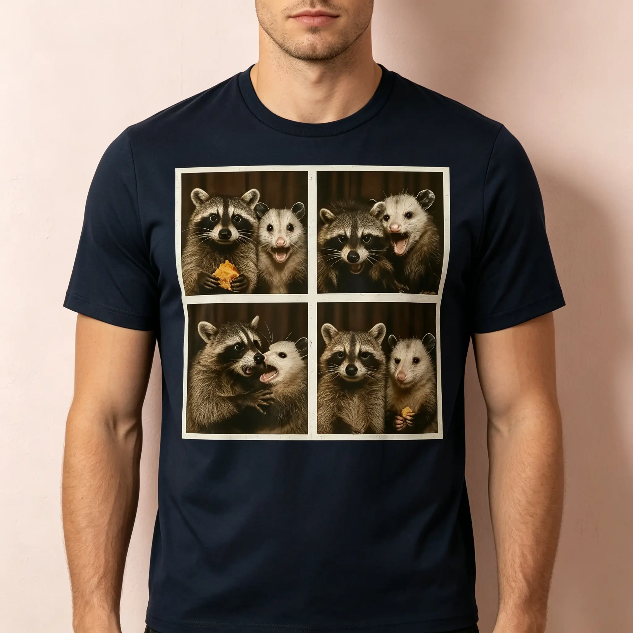 "Possum & Raccoon Photobooth Selfie" Graphic T-Shirt - Retro Vintage Animal Statement Top - Playful Wildlife Humor Aesthetic Apparel - Comfortable Short Sleeve Graphic Shirt - Unique Professional Detail Crew Neck Tee
