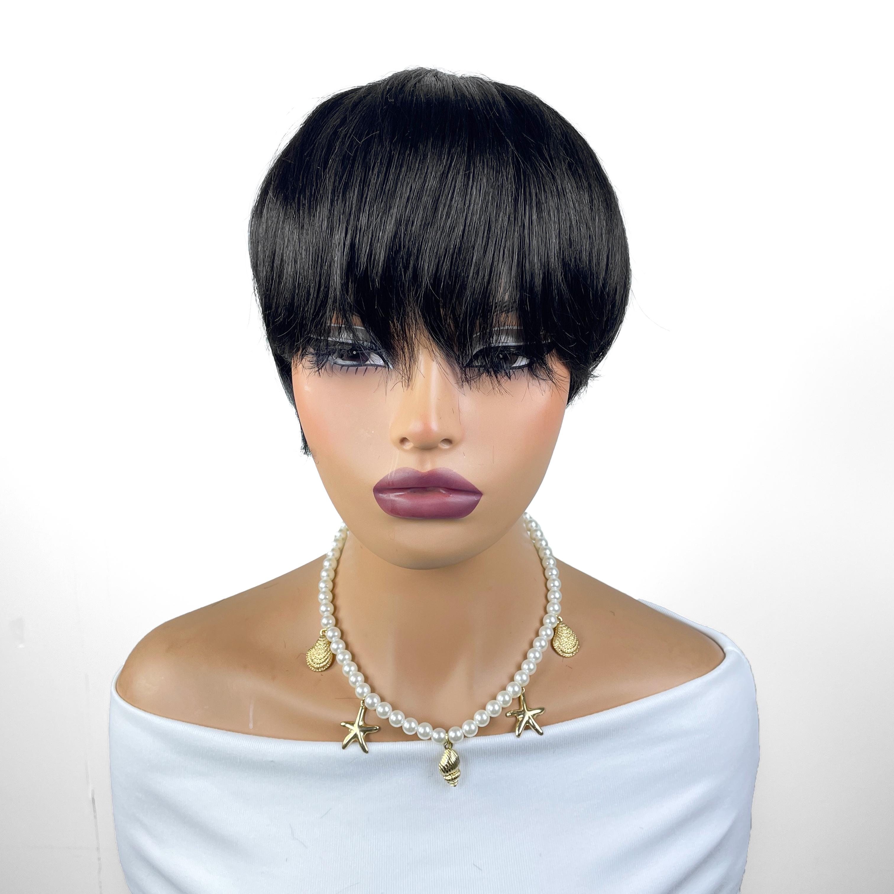 OPQHAIR Chic 6-Inch Black Pixie Cut Straight Wig with Bangs Rose Mesh Hat, Easy To Wear, Suitable For Daily Wear Women' Glueless Short Pixie Wig