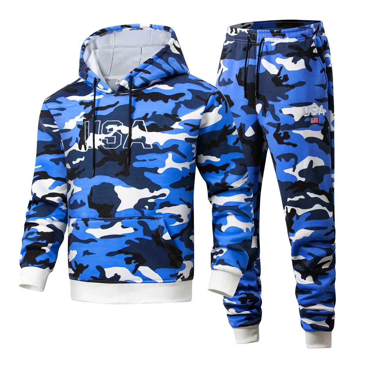 Men's Athletic Tracksuit, 2-Piece Colorblock Camo Hoodie and Sweatpants, Relaxed Fit Casual Set with USA Detail