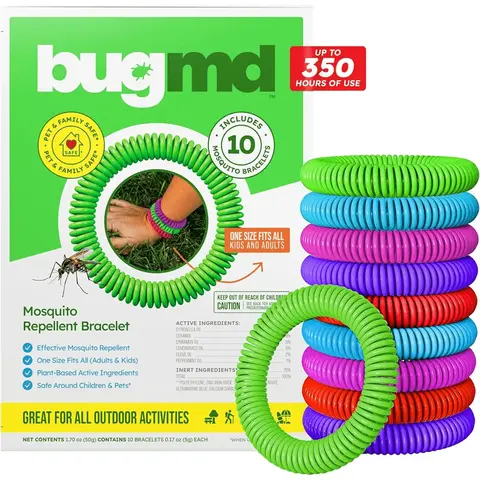 BugMD 10 Pack Mosquito Bracelets, DEET-Free Bands for Adults & Kids, Natural & Waterproof Citronella Wristbands for Camping, Hiking, Beach, Travel & Outdoor Essentials