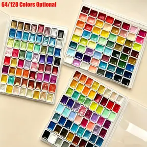 Shimmer Glitter & Plain Solid Watercolor Paint, 64 Colors Pearlescent Metallic Pigment, Portable Mini Kit for DIY Art Creation, Watercolor Paint Box