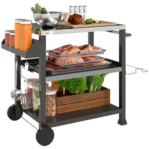 Outsunny Three-Shelf Outdoor Grill Cart with Stainless Steel Tabletop, Side Handle, 32" x 20.5" Multifunctional Pizza Oven Stand, Movable Food Prep Table on Wheels, Black