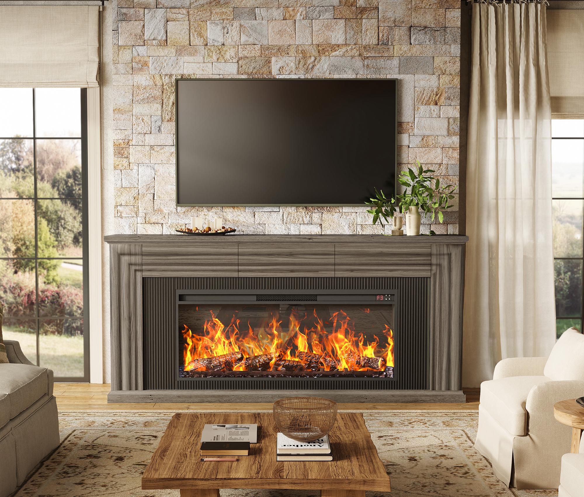 【2 Packages Shipping】PRAISUN 70'' Fireplace TV Stand with 42'' Electric Fireplace, Farmhouse TV Stand for 65 75 Inch TV, Entertainment Center TV Console with 3 Drawers, Fluted Design, for Living Room