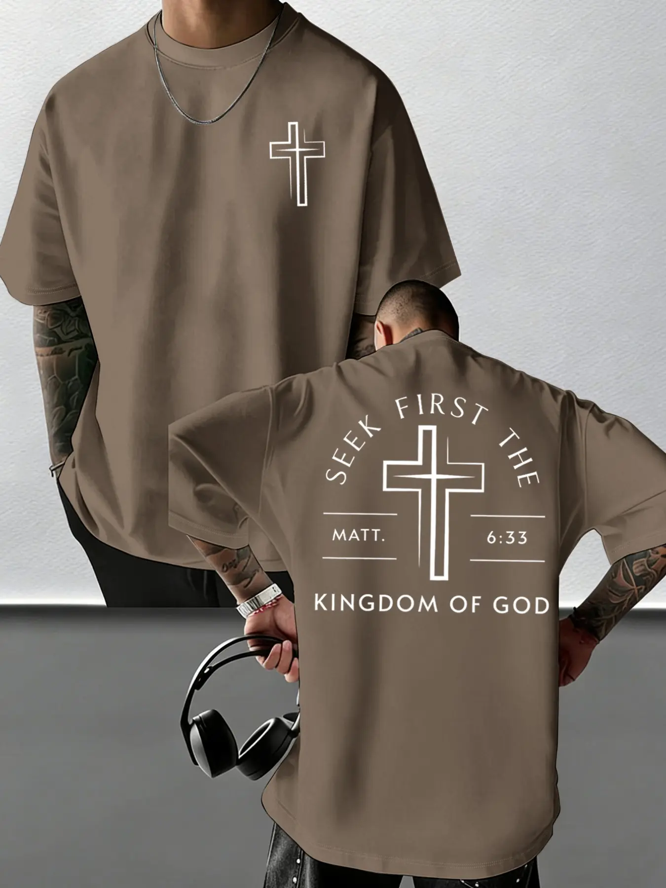 Men's "Seek First The Kingdom Of God" Cross Graphic Round Neck T-Shirt, Christian Faith Bible Verse Matt 6:33 Tee, Streetwear Casual Short Sleeve Top, Soft Cotton Loose Fit #ChristianApparel #FaithWear #MensFashion #Streetwear #BibleVerseClothes