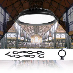250W LED UFO Shed Hanging Ceiling Lamp US Plug 100-277V Indoor Warehouse Office Factory Workshop Bright High Bay Light 200W Adjustable Height Chandelier Bulb 150W Garret Basement Parking Lot Storeroom Safe Energy Saving Commercial Lighting with Chain Hook