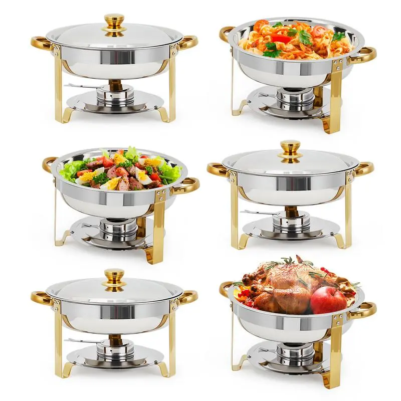 GARVEE 6-Piece 5QT Round Stainless Steel Sturdy Stackable Chafing Dish Warmer Set with Handles, Pans, Round Bowls, Tray & Solid Metal Retro Upgraded Fuel Holder for Party, Wedding,familyfun