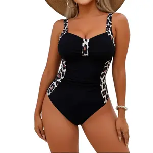 Plus Size Leopard Print Patchwork One-Piece Swimsuit, Tummy Control Slimming Bathing Suit, Wide Strap Retro Animal Print Swimwear for Women Beach Vacation