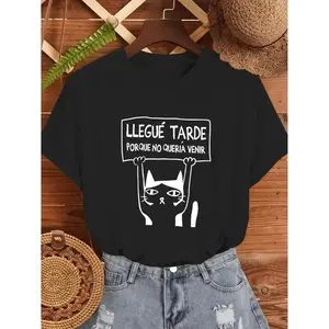 Women's Casual Short Sleeve T-Shirt - Cute Minimalist Cat Graphic with Spanish Quote Print, Black & White Contrast, Soft Stretch Round Neck Top for Spring Summer Fall, Machine Washable, Cat Tshirt, Seasonal Fashion, Retro Aestheti