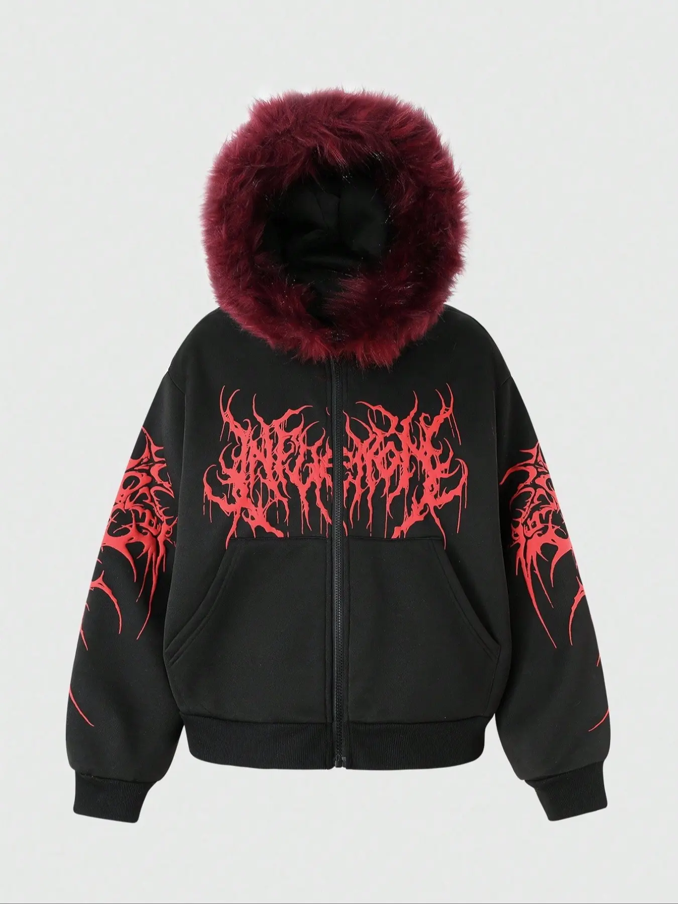 Colorblock Hooded Zipper Jacket, Trendy Fashion Design with Geometric Art Font Pattern, Faux Fur Lined Cap, Streetwear Style