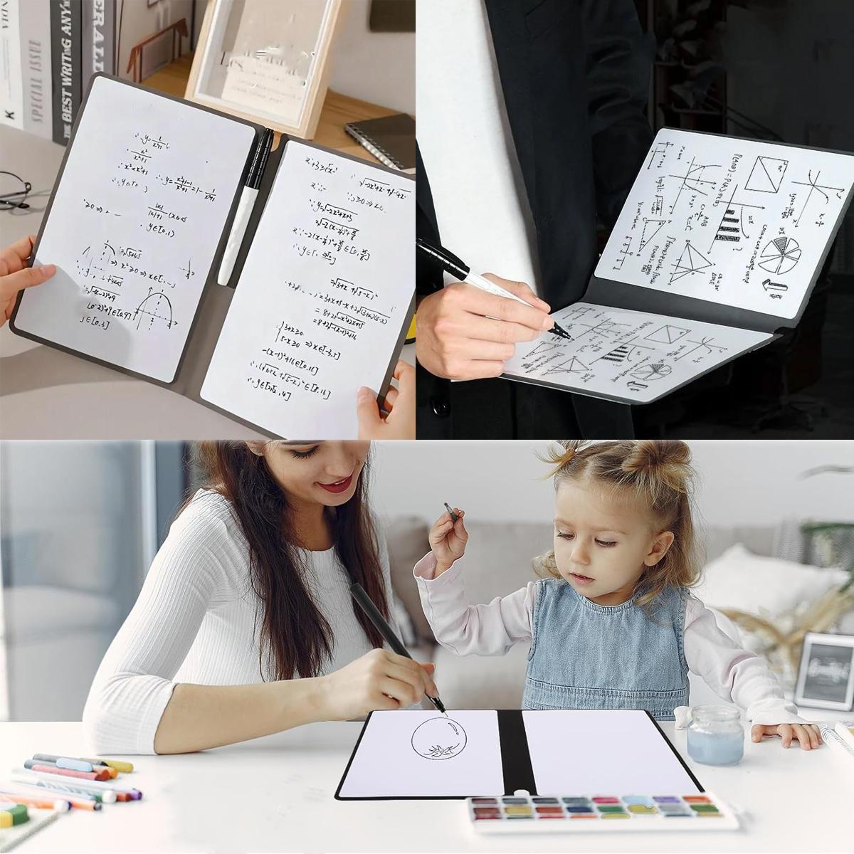 A5 Reusable Whiteboard Notebook, Portable Dry Erase Writing Board with PU Cover, Double-Sided Erasable Notepad for Math Drawing Notes To-Do List Planning, Includes 3 Markers & Wipe Cloth