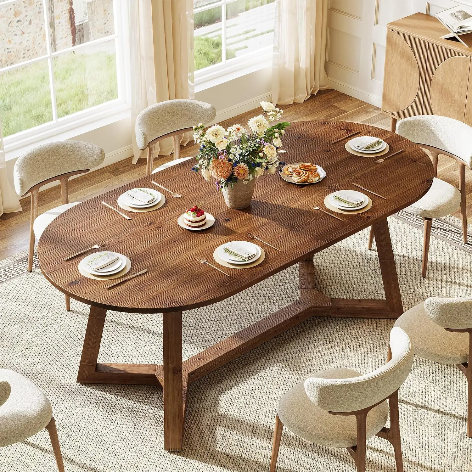 TRIBEWOOD 63-Inch Rustic Solid Wood Oval Dining Table, Farmhouse Heavy-Duty X-Shaped Base, Vintage Brown Indoor Furniture for 4-6 People, Apartment Kitchen & Dining Room Use