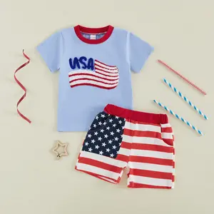 Toddler Baby Little Boys Independence Day Outfits American Flag Embroidery Short Sleeve Tops and Shorts Set 6M-4T
