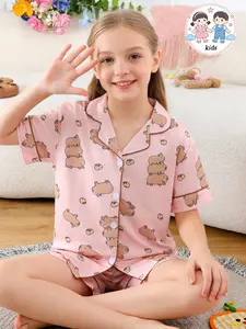Kids Pajama Set, Fire-Resistant Knit Fabric, Cartoon Capybara Print, Button Front Short Sleeve, Loose-Fit, All Seasons