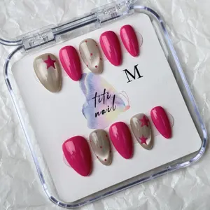TiTinails Hot Pink Star Press On Nails| Almond Shape| 100% Handmade 10pc Reusable Set