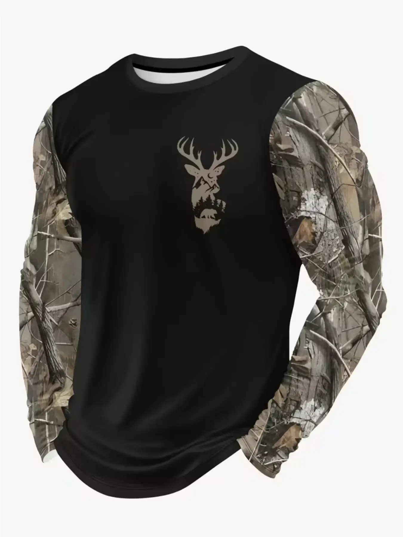 Men's 3D Camo Print Long Sleeve Casual Streetwear T-Shirt, Top, Breathable Outdoor Deer Hunting Shirt, Realistic Forest Camouflage Design, Menswear, ////cream